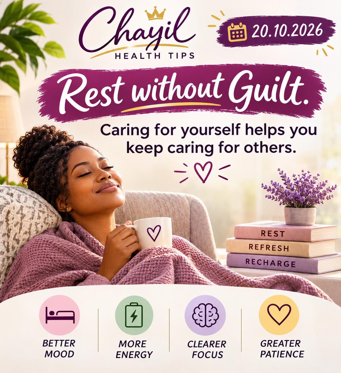 Health Tips artwork for 20 October 2026 — Rest Without Guilt