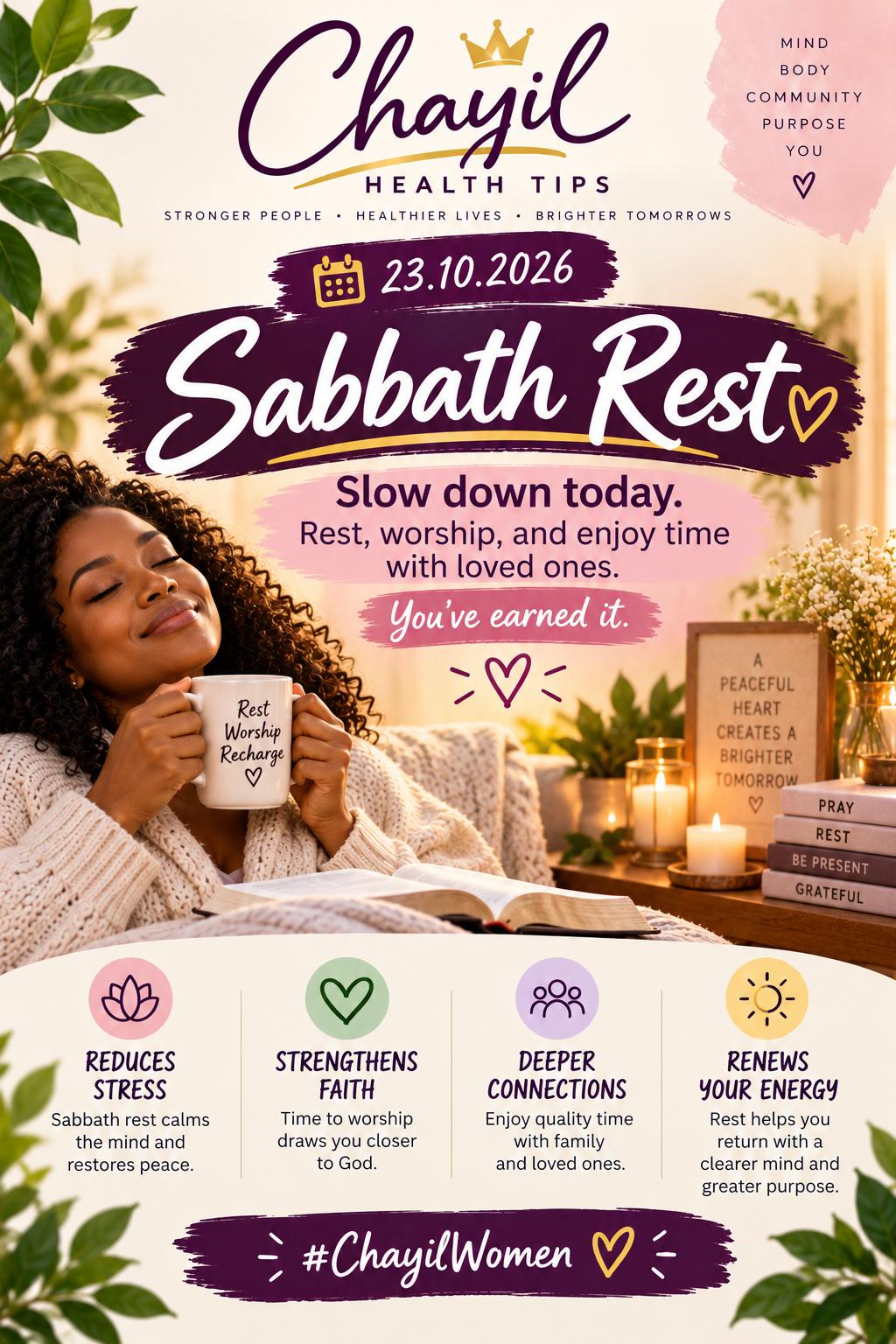 Health Tips artwork for 23 October 2026 — Sabbath Rest
