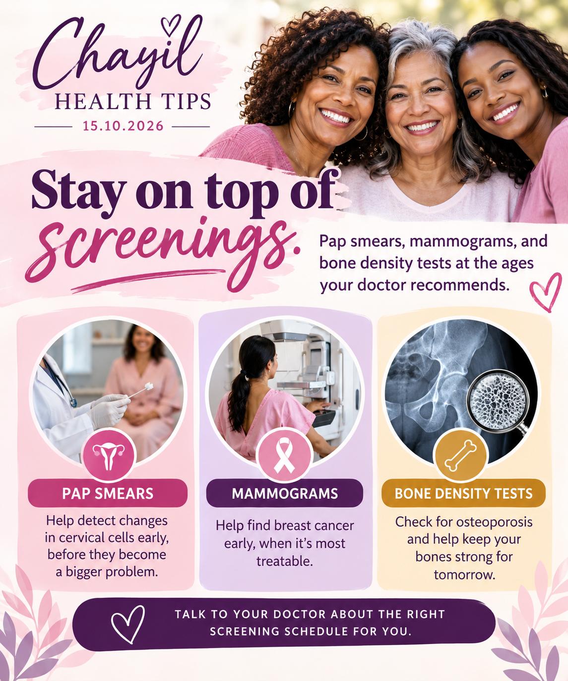 Health Tips artwork for 15 October 2026 — Stay on Top of Screenings